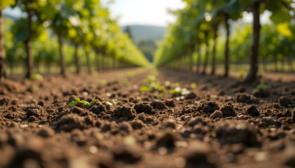 Row of Grapevines in a Vineyard with Focus on the Soil