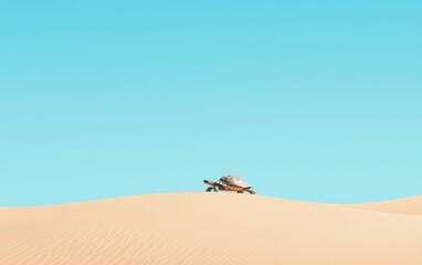 Obraz premium A small turtle crawls on a sandy dune against a vibrant blue sky. The scene is minimalistic and evokes a sense of peace and solitude