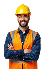 Trabalhador da construção civil engenheiro com colete e capacete para segurança fundo transparente