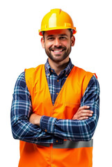 Trabalhador da construção civil engenheiro com colete e capacete para segurança fundo transparente