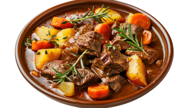Delicious beef stew simmering with potatoes, carrots, and aromatic herbs in brown bowl on transparent background