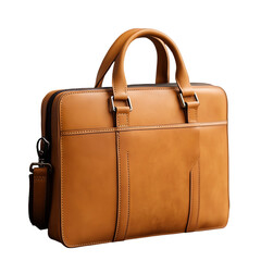 Classic Tan Leather Briefcase with Handle and Shoulder Strap Isolated