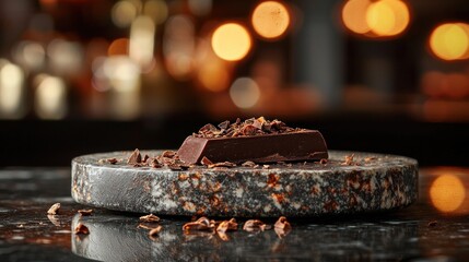 Dark chocolate piece on marble board.