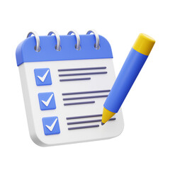paper clipboard with pencil. 3d notepad, task management concept, todo check list with pen, notes, exam paper checklist icon. 3D Rendering illustration isolated on transparent background
