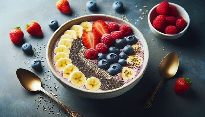 A close-up of a smoothie bowl with chia seeds, bananas, and berries, representing a superfood-rich diet