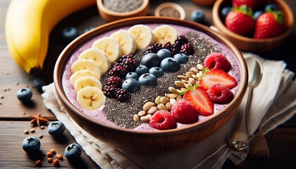 A close-up of a smoothie bowl with chia seeds, bananas, and berries, representing a superfood-rich diet