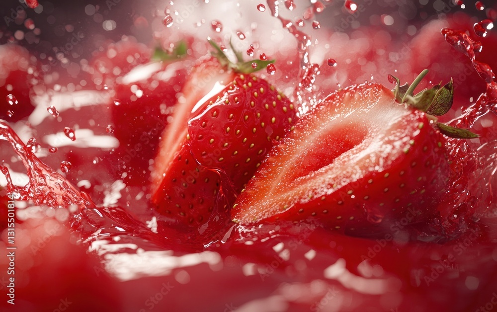 Poster close-up view of sliced strawberries splashing in a vibrant red liquid. the image is dynamic, showca