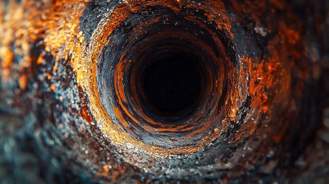 Inside an old dirty sewer pipe featuring a rust-eaten casting iron drain tube for sewage and sewerage systems