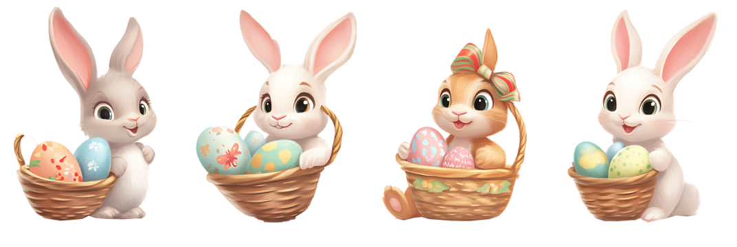Four cute bunnies carrying baskets full of Easter eggs, on a white background