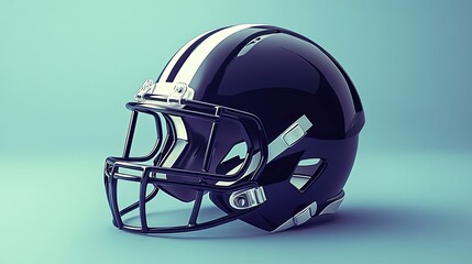 Naklejka premium Glossy dark sports helmet with white stripes rests against a muted blue gradient background in a studio setting