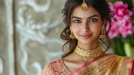 Happy beautiful young Indian woman in traditional saree portrait showcasing her joyful spirit and elegance as a person celebrating culture and femininity
