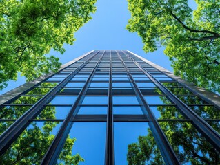 A towering glass building framed by vibrant green trees under a clear blue sky, showcasing modern architecture in nature