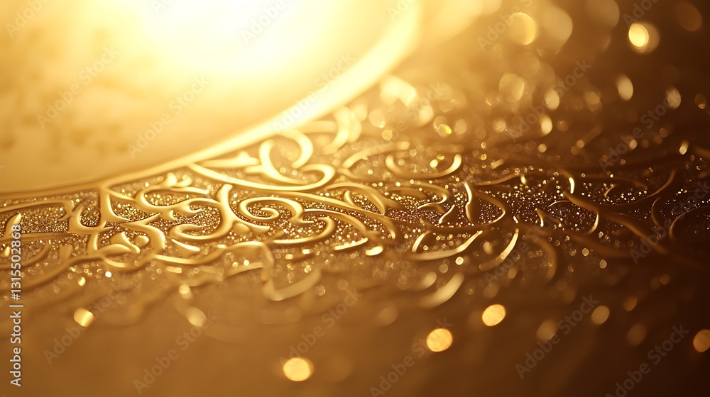 Poster close-up of ornate golden surface with intricate design and bokeh lights.