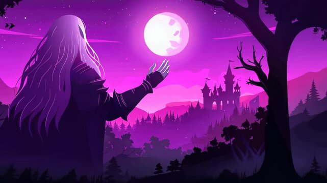 Digital illustration of a dark elf mage with white hair casting spells in a gothic castle setting