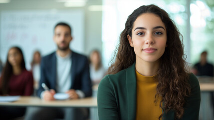 Fototapeta premium Engaged female student in diverse university classroom discussion