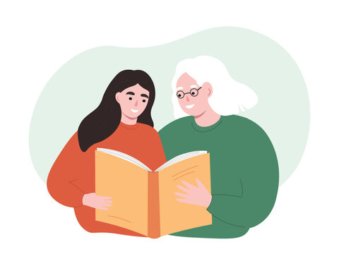 Grandmother and granddaughter reading a book together. Elderly woman teaching a girl. Vector flat graphics.
