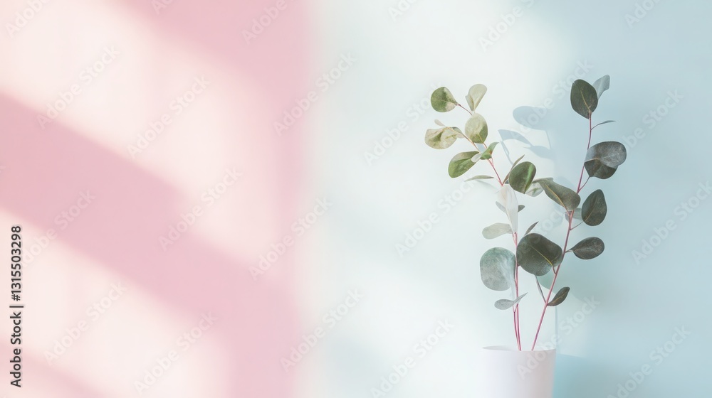 Poster eucalyptus branches on a pastel backdrop with soft light creating a serene ambiance