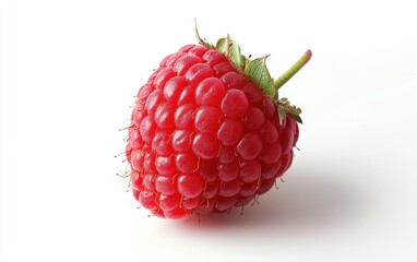 Close-up of a single, ripe raspberry on a white background. The raspberry is red and appears juicy, with visible small drupelets.  A subtle sparkle effect is added digitally