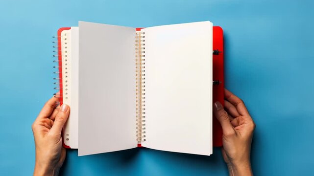 Mockup of a person holding a booklet on a blue background. Offset paper display. A brochure template. Leaflet presentation.