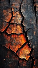 Close-up of a charred wooden surface displaying deep cracks and vibrant orange hues, evoking a sense of warmth and decay