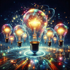 Incandescent light bulbs with tungsten filaments on dark background, Warm, active light bulb on dark background, save the energy concept, Multiple lightbulbs with a glowing filament.