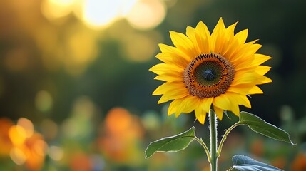 close-up of a vibrant sunflower in full bloom against a blurred, sunny backdrop. petals radiate from the dark brown center. leaves frame the stem.