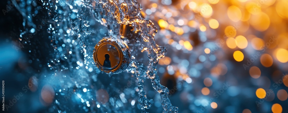 Poster a close-up of a metal key lock surrounded by glimmering water drops and beautiful bokeh lights creat