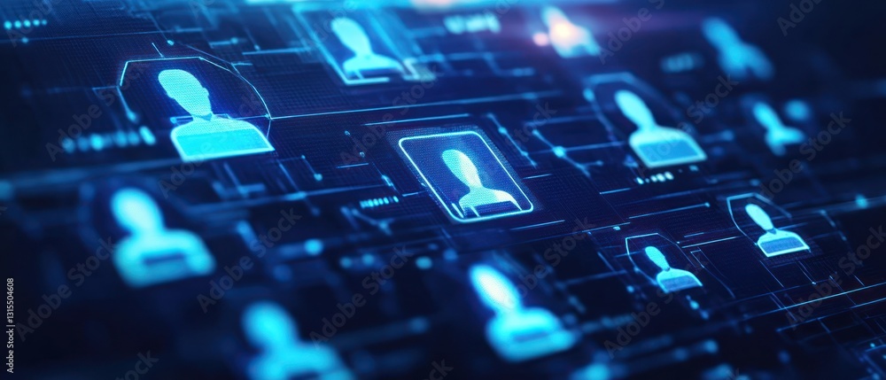 Poster digital representation of interconnected user profiles in a futuristic network, illustrating technol