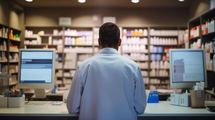 Fototapeta premium young confident concentrated man pharmacist at the pharmacy