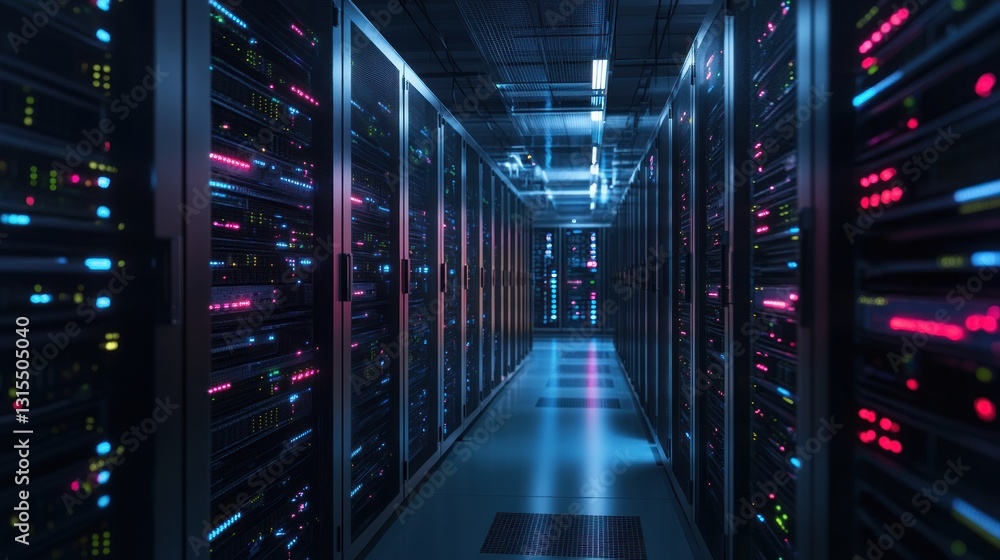 Aufkleber a futuristic data center corridor illuminated by colorful lights, showcasing rows of servers with gl