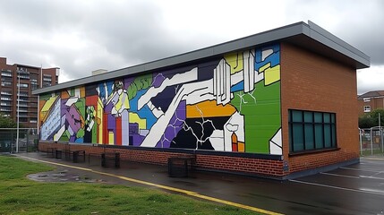 Colorful abstract mural adorns modern building exterior, urban park setting
