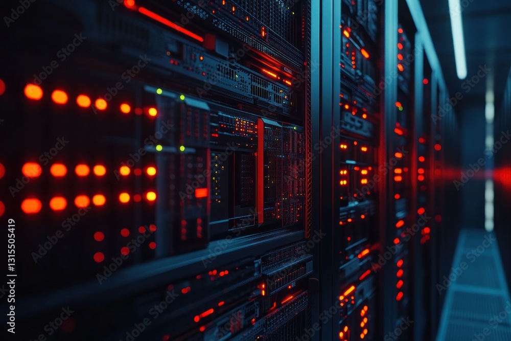 Aufkleber data center with illuminated servers and cables in action