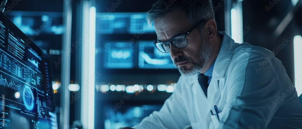 Poster focused scientist analyzing data on high-tech screens in a modern laboratory, with glowing displays 