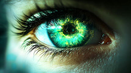 Fototapeta premium Close-up of a human eye with glowing cybernetic circuitry, symbolizing futuristic technology, artificial intelligence, and digital vision