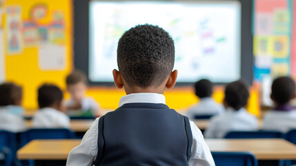Engaged schoolboy in vibrant classroom learning with diverse peers