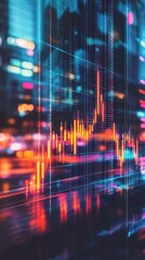Vibrant cityscape with digital trading graph overlay at night