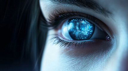 Close-up of a human eye with a glowing blue digital circuit pattern, symbolizing artificial intelligence, cybernetics, and future technology