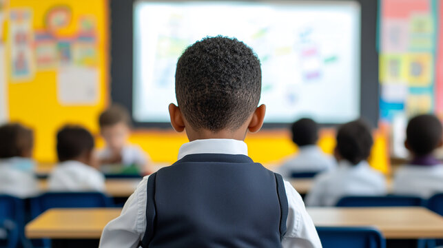 Engaged schoolboy in vibrant classroom learning with diverse peers