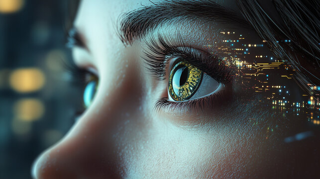 Futuristic close-up of a human eye with glowing digital elements and circuit-like patterns, symbolizing technology and AI integration