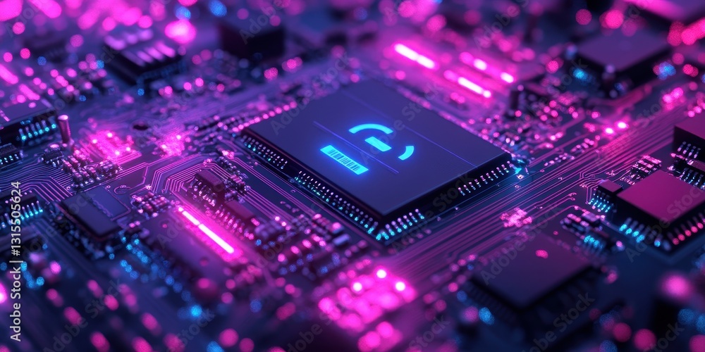 Poster abstract close-up of a colorful circuit board with microchips and glowing lights in pink and blue to