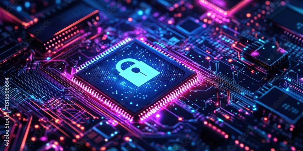 Poster abstract close-up of a glowing microchip with a padlock symbol representing cybersecurity and digita