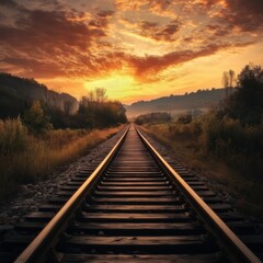 Obraz premium Stunning sunset view along the tranquil railway tracks in a peaceful rural landscape