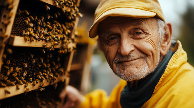 Elderly beekeeper with yellow clothing smiles near a hive full of bees. Concept of beekeeping and nature. For beekeeping education. - Powered by Adobe