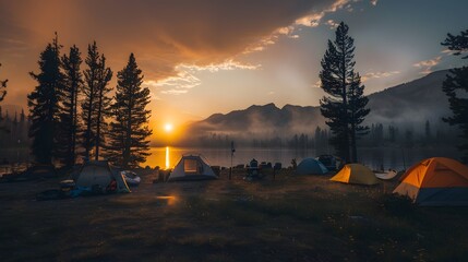 Peaceful lakeside campsite at sunset with glowing tents and silhouetted pine trees
