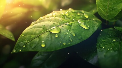 Close-up of lush green leaves adorned with water droplets, capturing nature's beauty and freshness, Ideal for environmental themes, wellness products, or botanical publications,