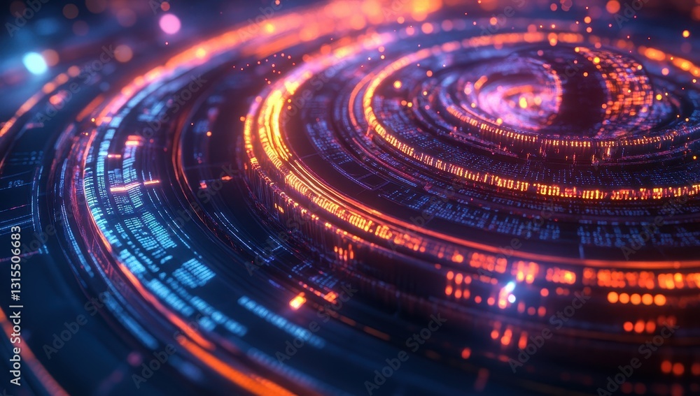 Poster abstract data visualization with vibrant glowing circles and swirling patterns representing technolo