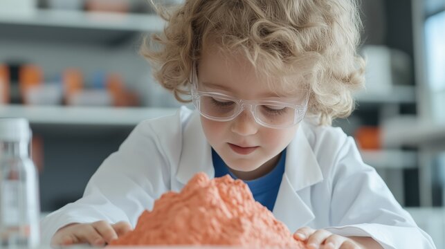 Little Scientist's Discovery: A curious young child, clad in a lab coat and protective eyewear, gazes in wonder at a vibrant scientific experiment.
