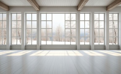 the background of an empty room, captured by white windows and wooden floor