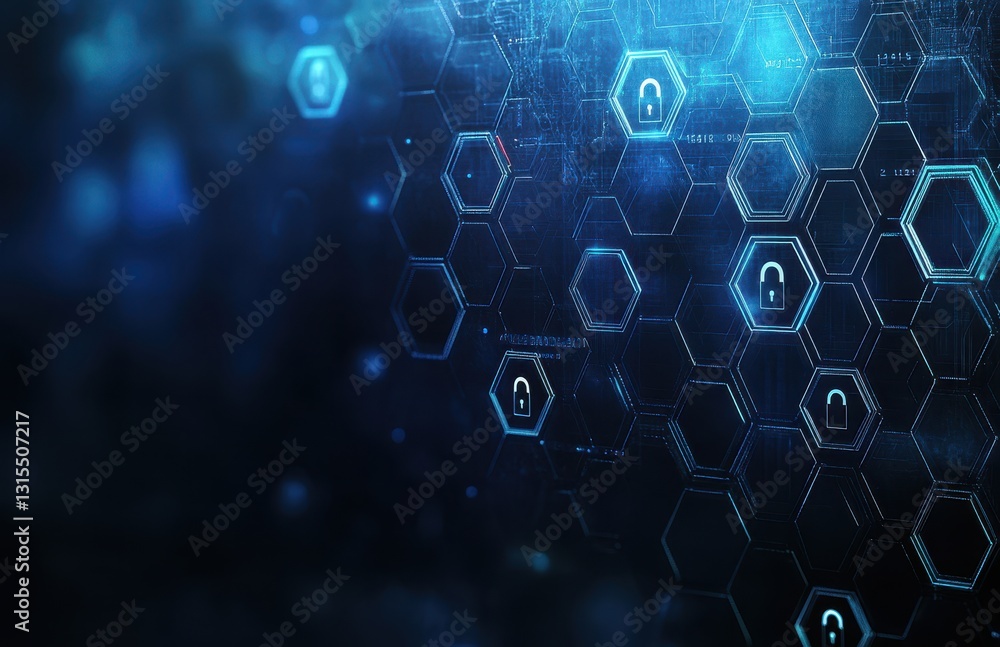 Poster abstract digital background featuring glowing blue padlocks in hexagonal patterns, representing cybe