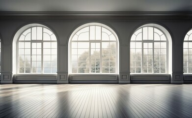 Fototapeta premium the background of an empty room, captured by white windows and wooden floor